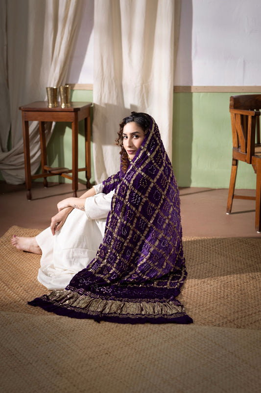 Violate - Ombre Dyed Garchola Bandhani Modal Silk Dupatta with Zari Lagdi Patta
