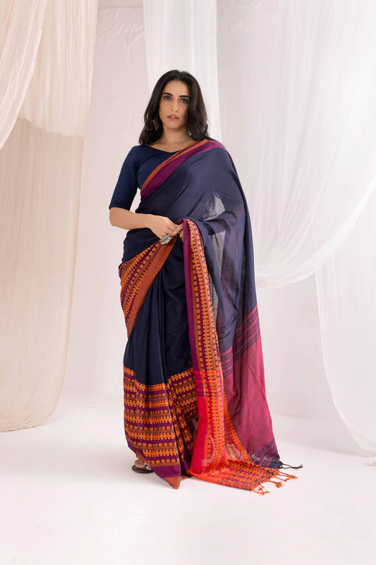 Begumpuri Handwoven Cotton Saree - Blue/Orange