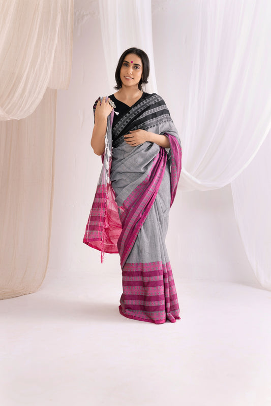 Begumpuri Handwoven Cotton Saree - Grey/Pink/Black