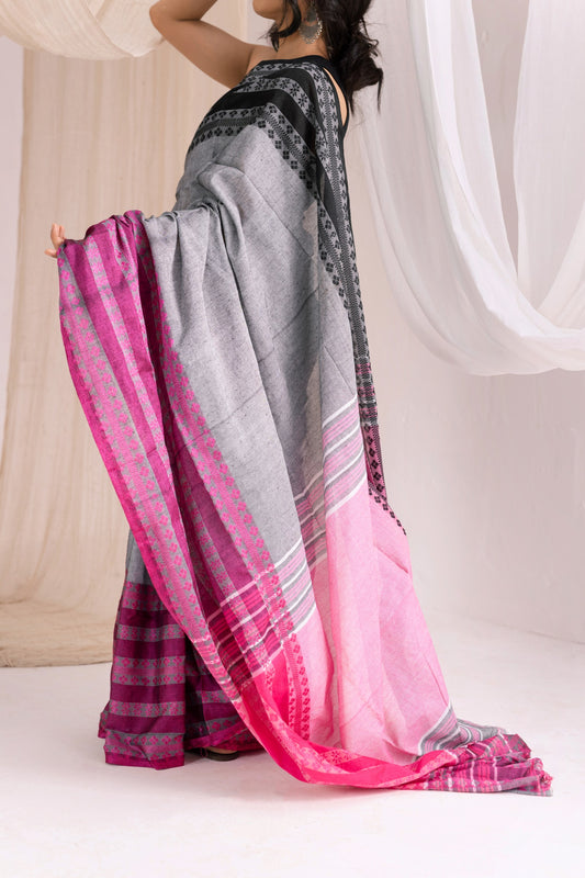 Begumpuri Handwoven Cotton Saree - Grey/Pink/Black