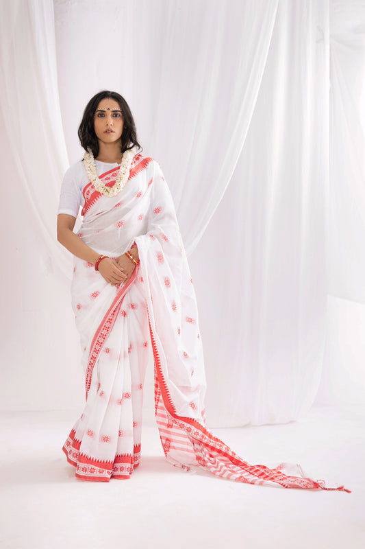 Begumpuri Handwoven Cotton Saree - White/Red