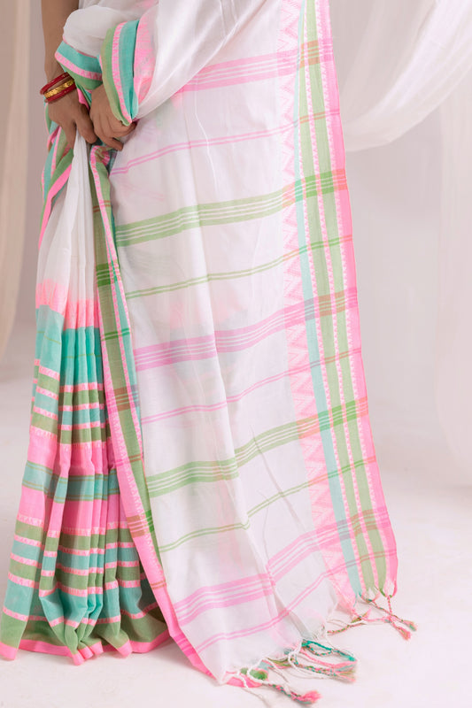 Begumpuri Handloom Cotton Saree - White/Pink