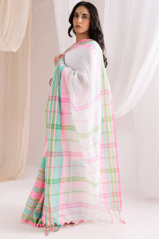 Begumpuri Handloom Cotton Saree - White/Pink