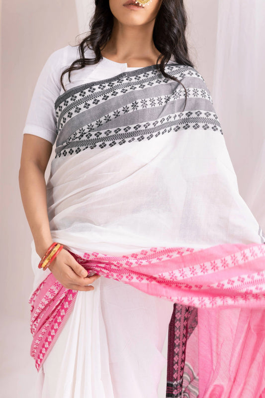 Begumpuri Handwoven Cotton Saree - White/Grey/Pink