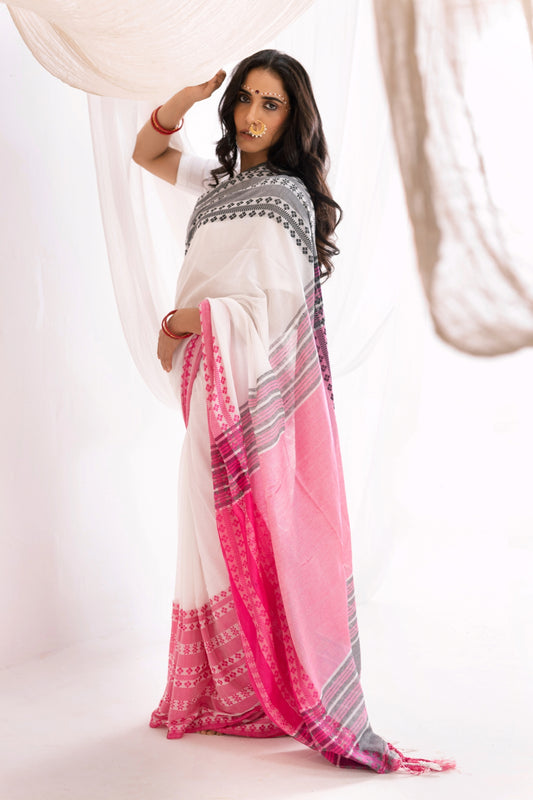 Begumpuri Handwoven Cotton Saree - White/Grey/Pink