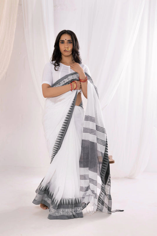 Begumpuri Handloom Cotton Saree - White/Grey