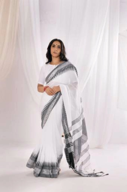 Begumpuri Handwoven Cotton Saree - White/Grey