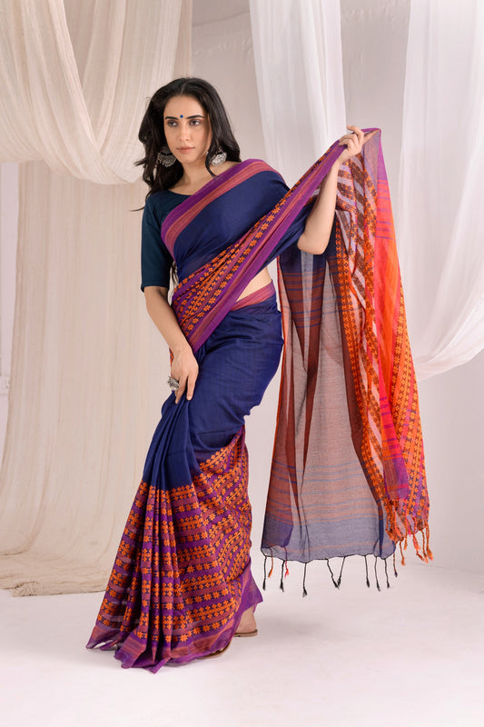 Begumpuri Handloom Cotton Saree - Blue/Orange