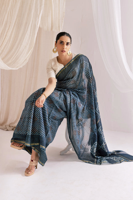 Indigo - Chanderi Silk Ajrakh Hand block Printed Saree | Natural Vanaspati Dyes