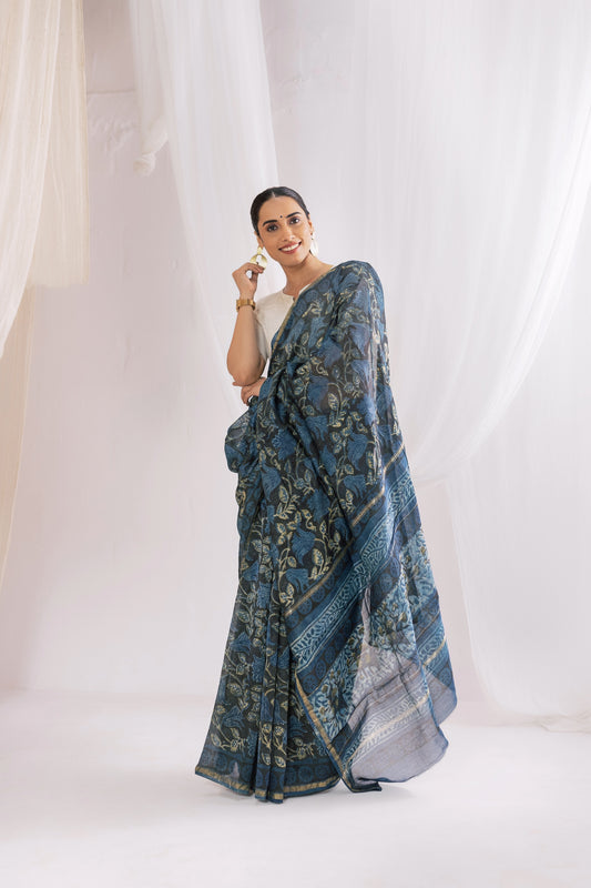 Indigo - Chanderi Silk Ajrakh Hand block Printed Saree | Natural Vanaspati Dyes