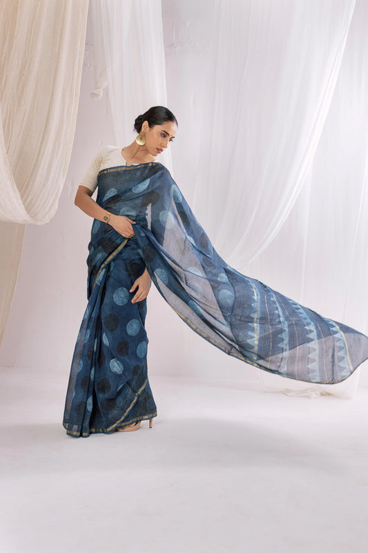 Indigo - Chanderi Silk Ajrakh Hand block Printed Saree | Natural Vanaspati Dyes