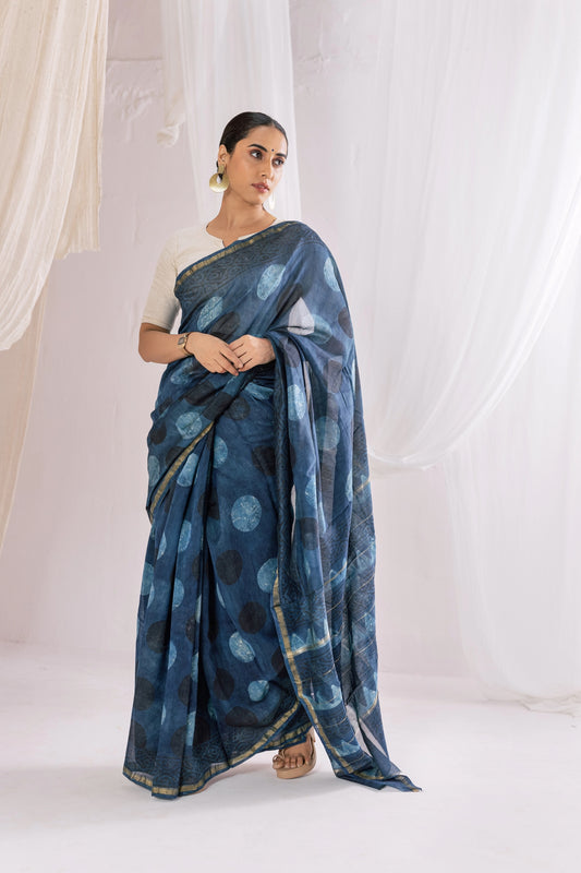 Indigo - Chanderi Silk Ajrakh Hand block Printed Saree | Natural Vanaspati Dyes