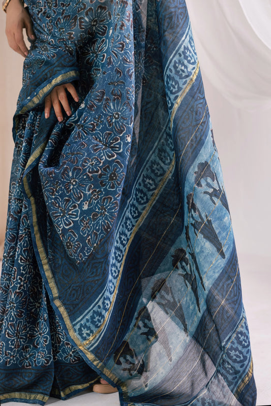 Indigo - Chanderi Silk Ajrakh Hand block Printed Saree | Natural Vanaspati Dyes