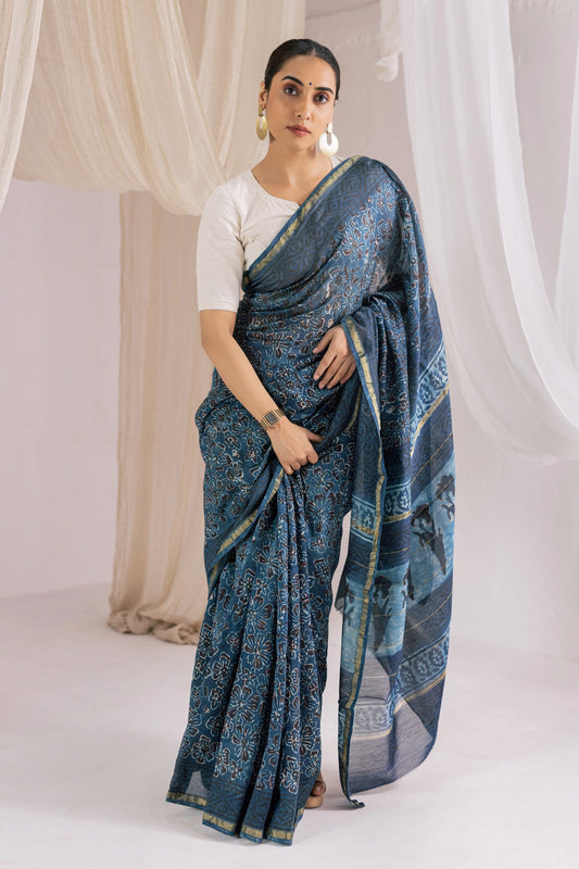 Indigo - Chanderi Silk Ajrakh Hand block Printed Saree | Natural Vanaspati Dyes