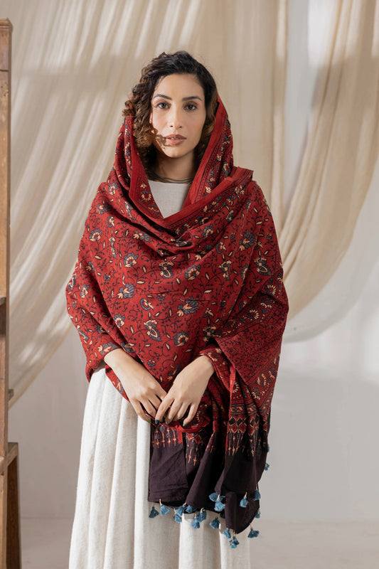 Ajrakh Hand Block Printed Cotton Dupatta - Red