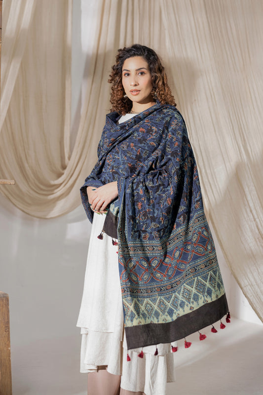 Ajrakh Hand Block Printed Cotton Dupatta - Indigo