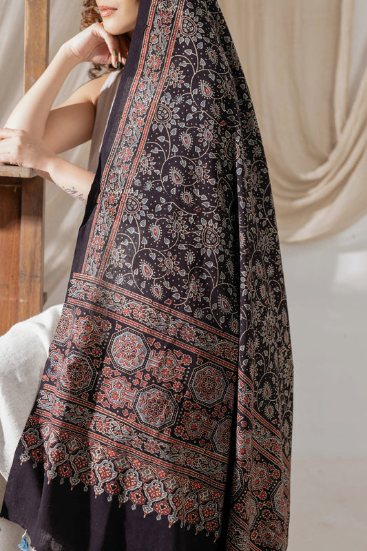 Ajrakh Hand Block Printed Cotton Dupatta - Black