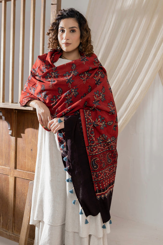 Ajrakh Hand Block Printed Cotton Dupatta - Red