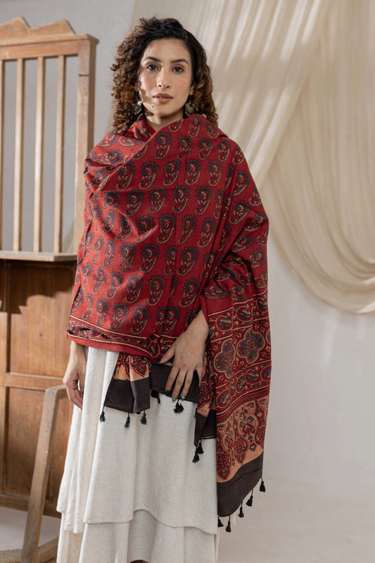 Ajrakh Hand Block Printed Cotton Dupatta - Red