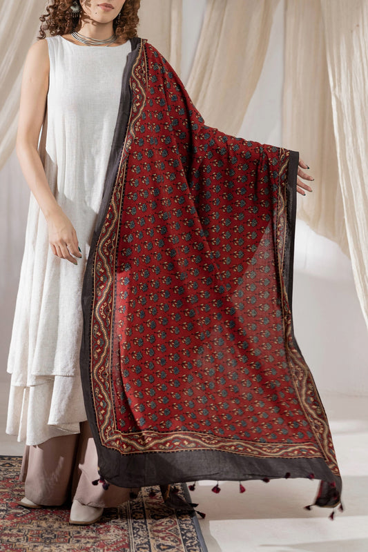 Ajrakh Hand Block Printed Cotton Dupatta - Red