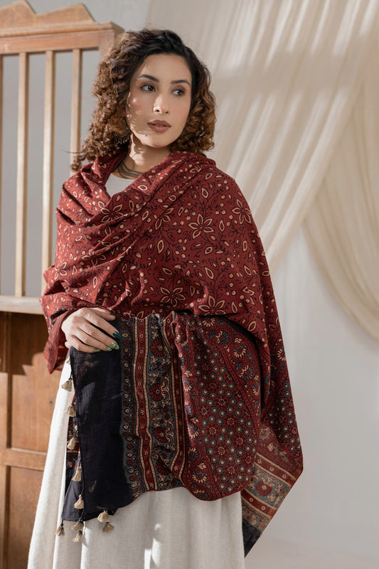 Ajrakh Hand Block Printed Cotton Dupatta - Red