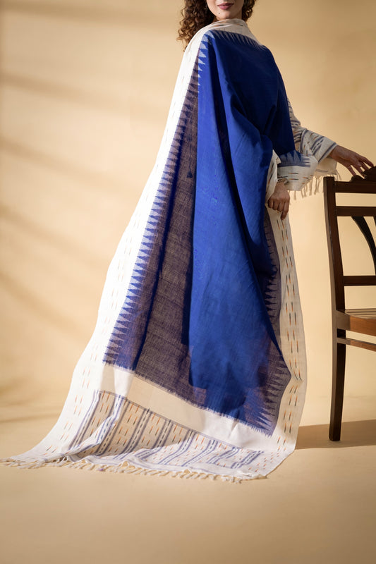 Blue - Pochampally double Ikat cotton dupatta
