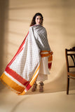 Grey/Red/Yellow - Pochampally double Ikat cotton dupatta