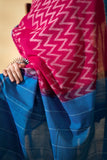 Blue/Pink - Pochampally double Ikat cotton dupatta