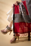 Red/Grey - Pochampally double Ikat cotton dupatta