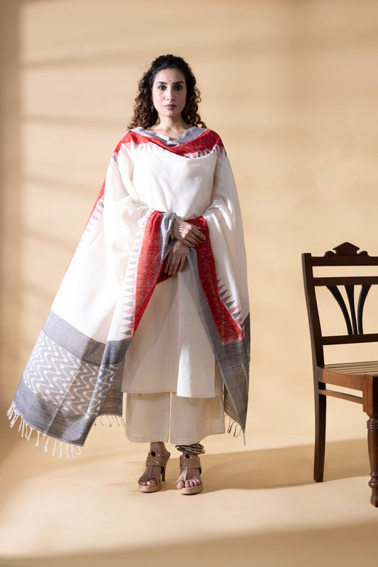White/Grey - Pochampally double Ikat cotton dupatta