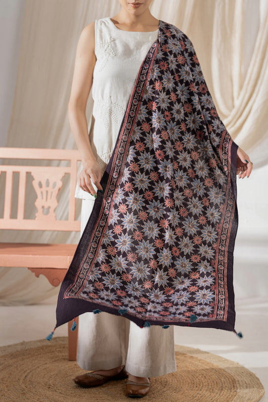 Ajrakh Hand Block Printed - Handloom Cotton Stole - Black