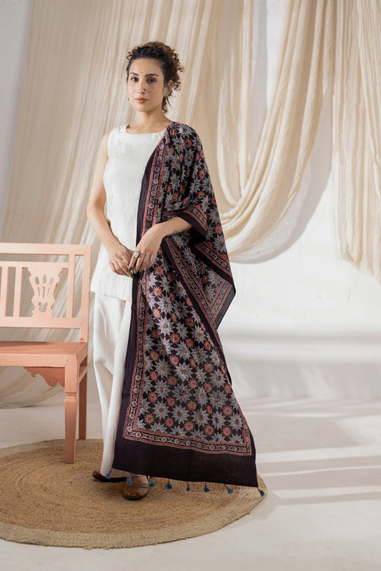 Ajrakh Hand Block Printed - Handloom Cotton Stole - Black