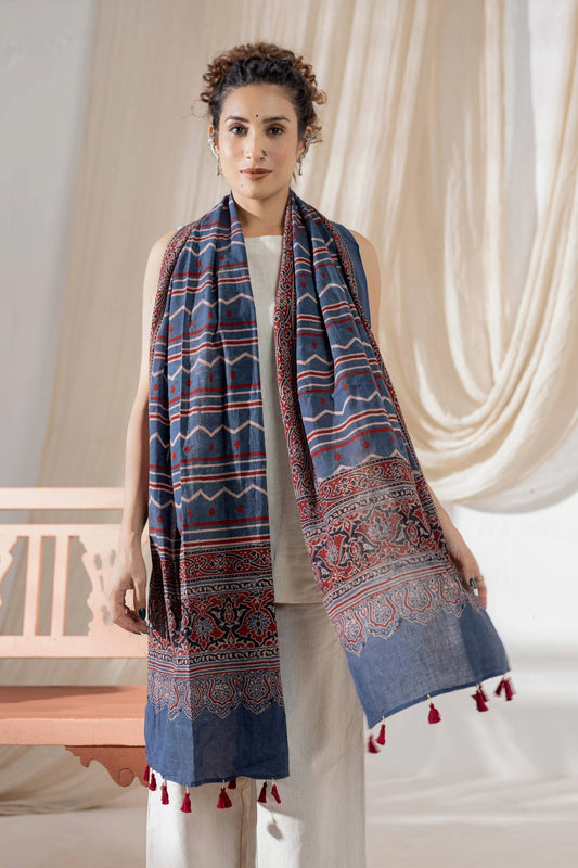 Ajrakh Hand Block Printed - Handloom Cotton Stole - Blue