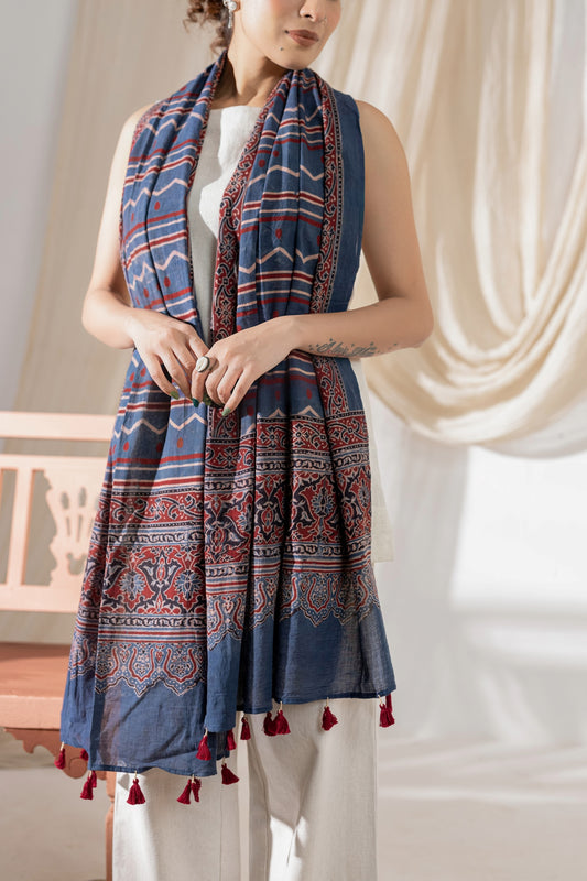 Ajrakh Hand Block Printed - Handloom Cotton Stole - Blue