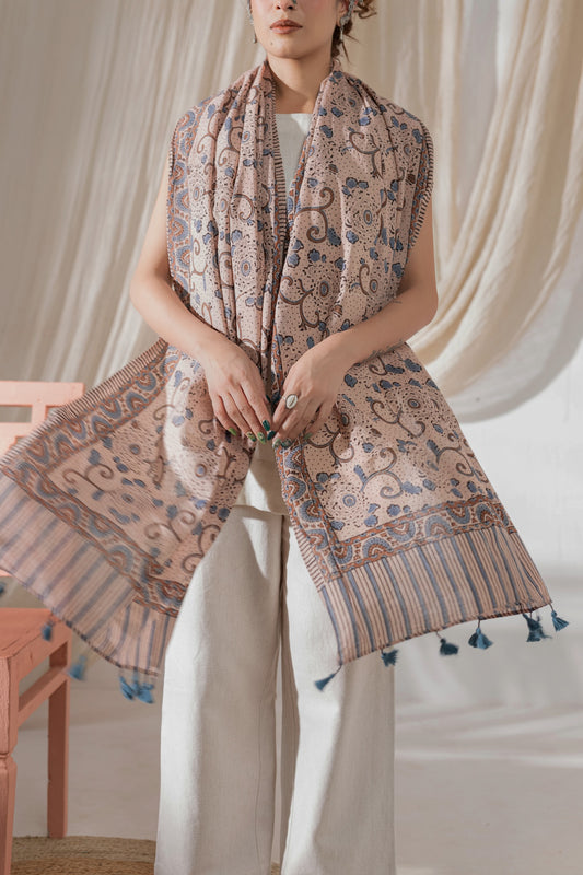 Ajrakh Hand Block Printed - Handloom Cotton Stole - Cream