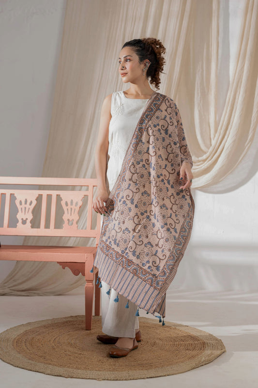 Ajrakh Hand Block Printed - Handloom Cotton Stole - Cream