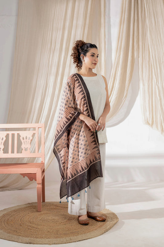 Ajrakh Hand Block Printed - Handloom Cotton Stole - Cream