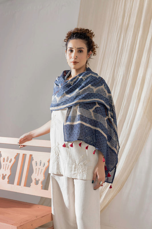 Ajrakh Hand Block Printed - Handloom Cotton Stole - Blue