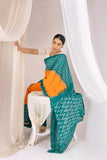 Pochampally Double Ikat Cotton Handloom Saree - Teal/Yellow