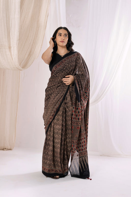 Pure Mul Cotton Ajrakh Hand Block Saree - Brown