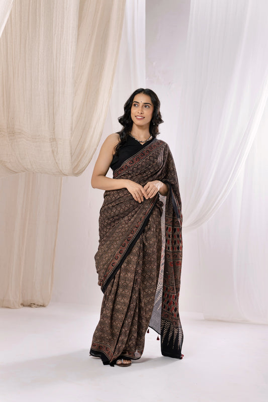 Pure Mul Cotton Ajrakh Hand Block Saree - Brown