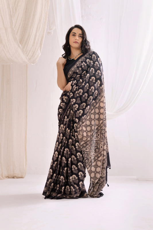 Pure Mul Cotton Ajrakh Hand Block Saree - Black/Brown