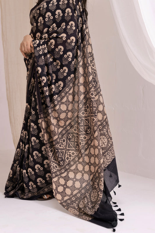 Pure Mul Cotton Ajrakh Hand Block Saree - Black/Brown