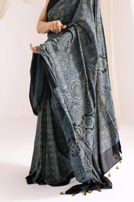 Pure Mul Cotton Ajrakh Hand Block Saree - Indigo