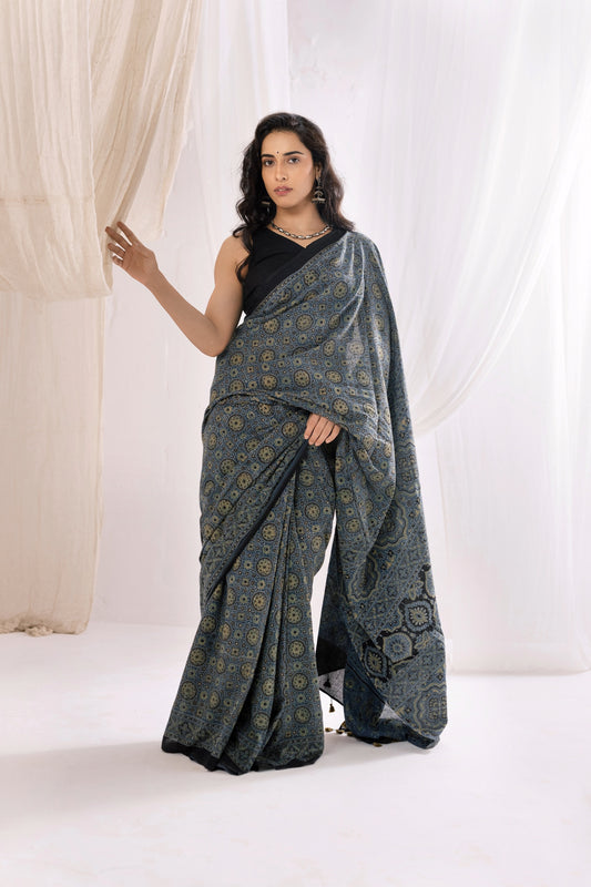 Pure Mul Cotton Ajrakh Hand Block Saree - Indigo