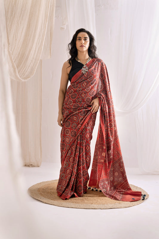 Pure Mul Cotton Ajrakh Hand Block Saree - Red