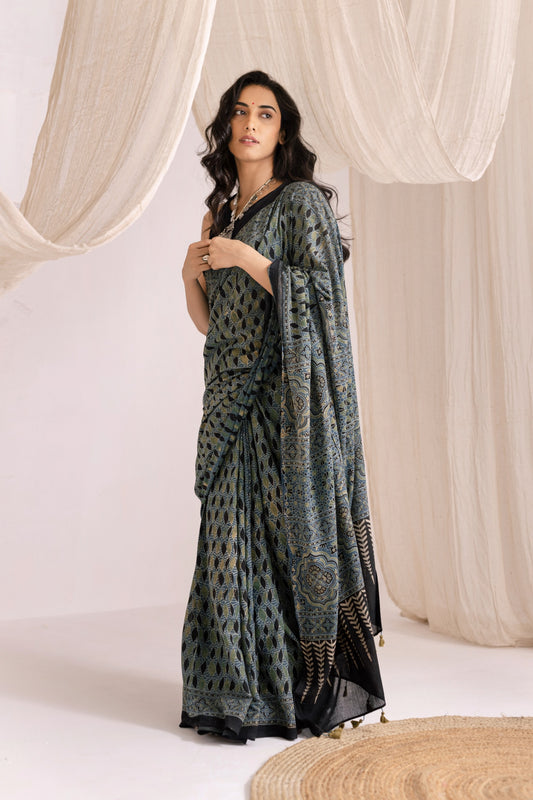 Pure Mul Cotton Ajrakh Hand Block Saree - Indigo