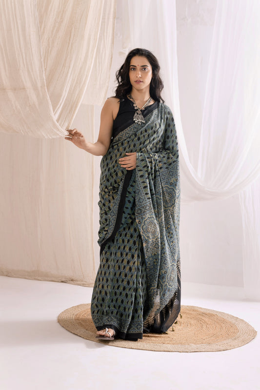 Pure Mul Cotton Ajrakh Hand Block Saree - Indigo