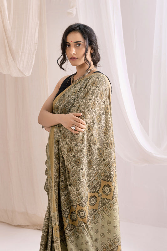 Pure Mul Cotton Ajrakh Hand Block Saree - Light Yellow