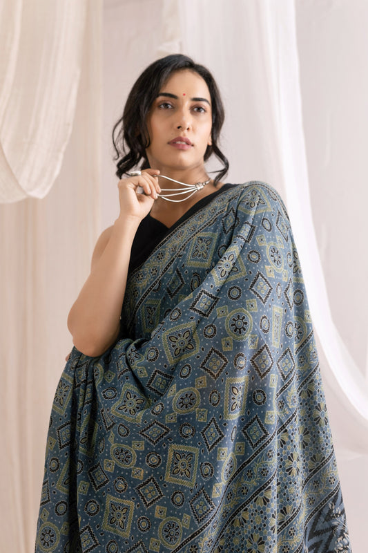 Pure Mul Cotton Ajrakh Hand Block Saree - Indigo